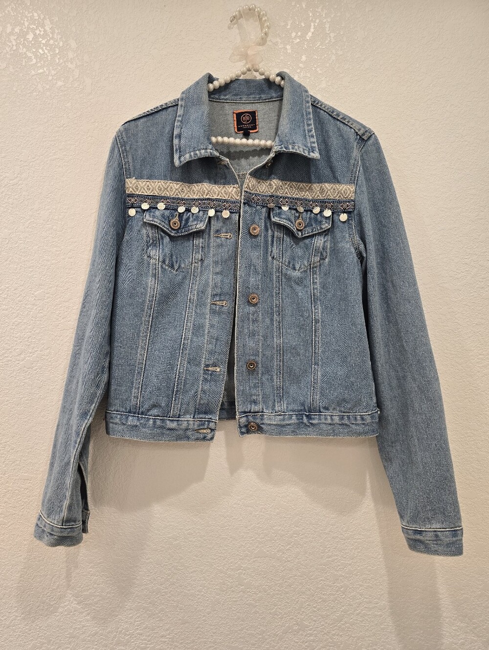 Boom Boom Jeans denim jacket boho style Aztec Embroidery Coin Embellishments M